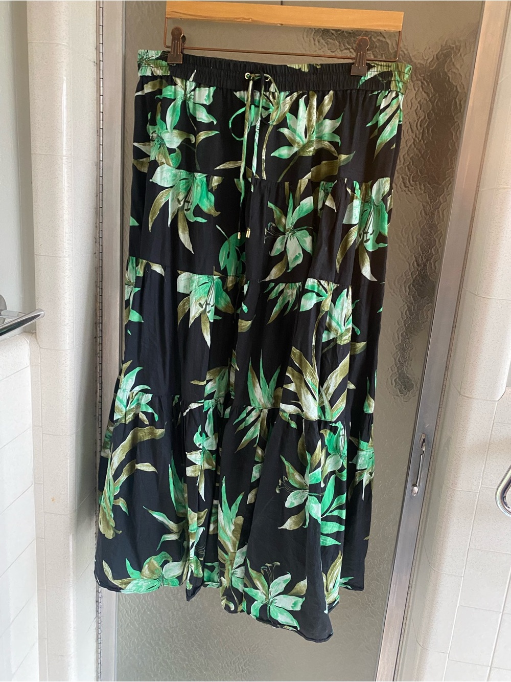 Ralph Lauren Black Tropical Print Tiered Maxi Skirt - Green Leaf Pattern